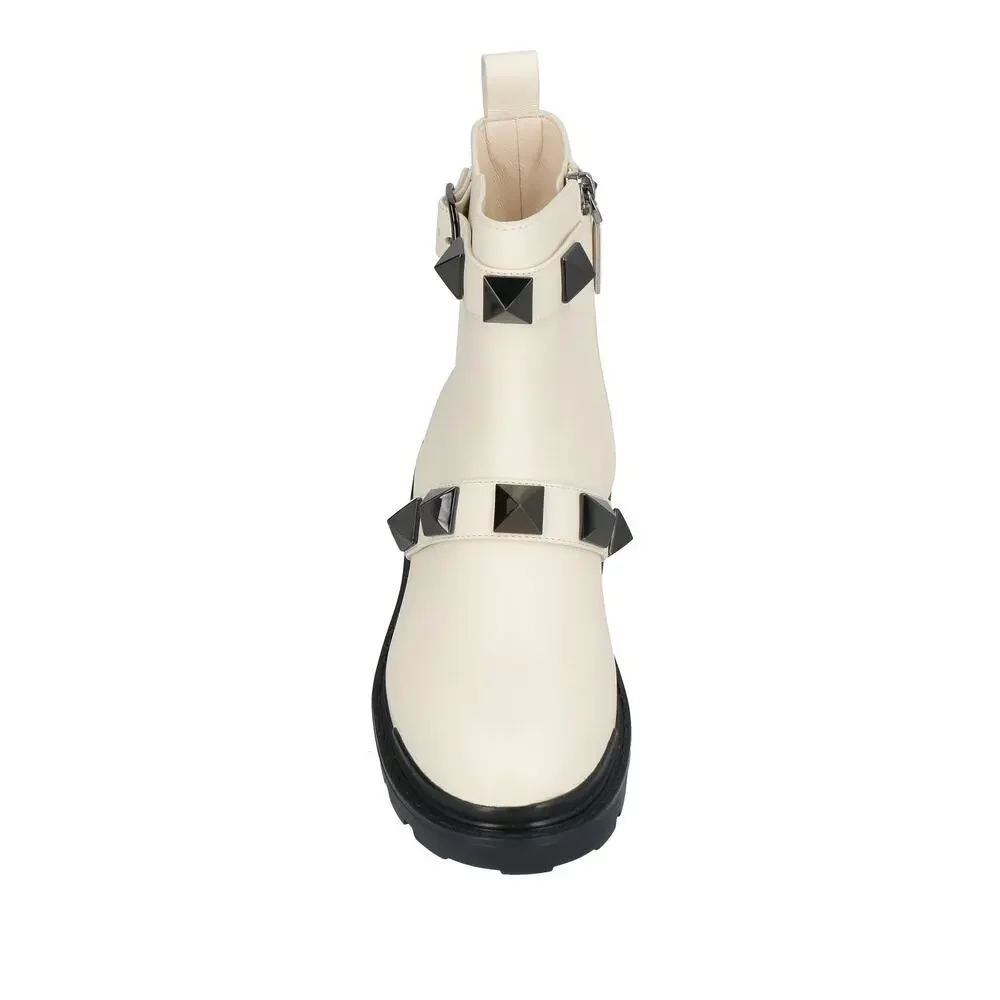 Valentino Garavani Roman Stud Ankle Boots in Calfskin Ivory Black 39.5
